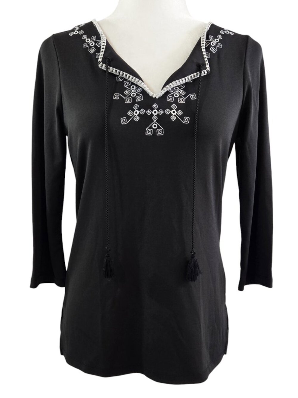 Vintage Ann Taylor Black Embroidered Split Neck Top Tassels Boho Whimsical